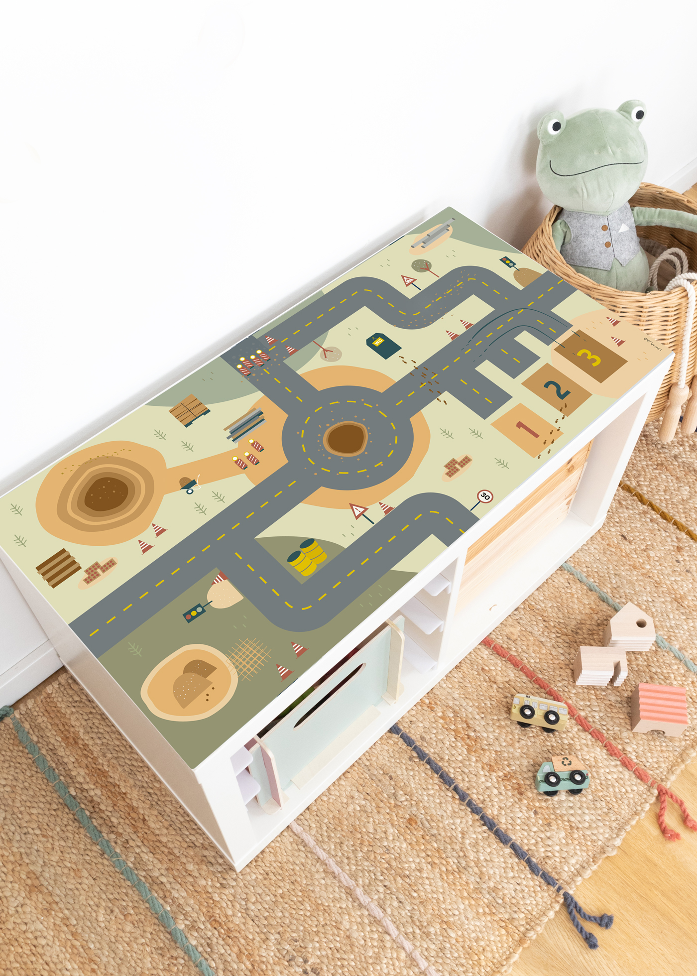 Spieltisch Klebefolie für das Kinderzimmer Aufregendes Baustellenmotiv für IKEA Spieltisch bekleben