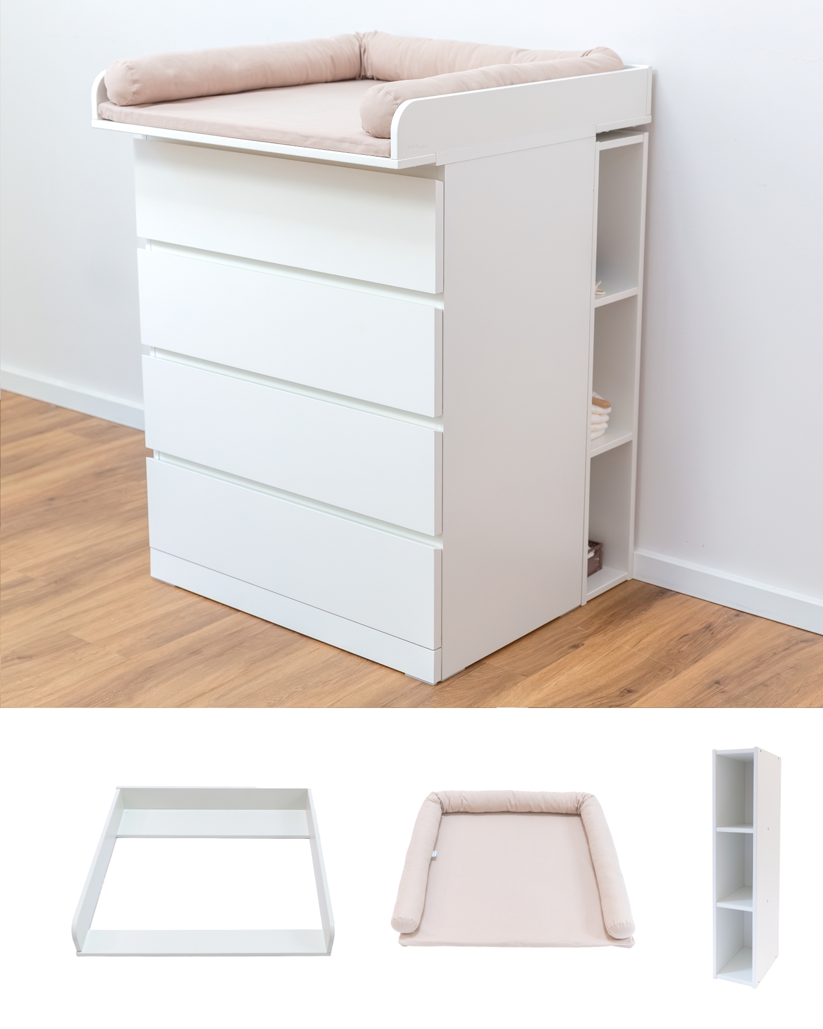 kinderkommode, weiss, schubladen, wickeltisch, auflage beige