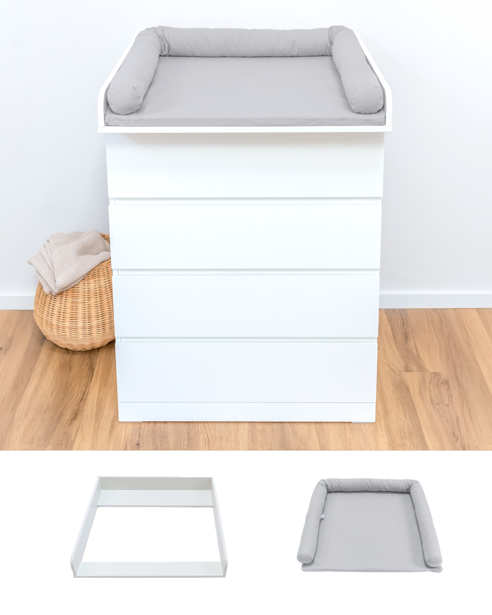 baby changing table, dresser, white storage, drawers, gray cushion