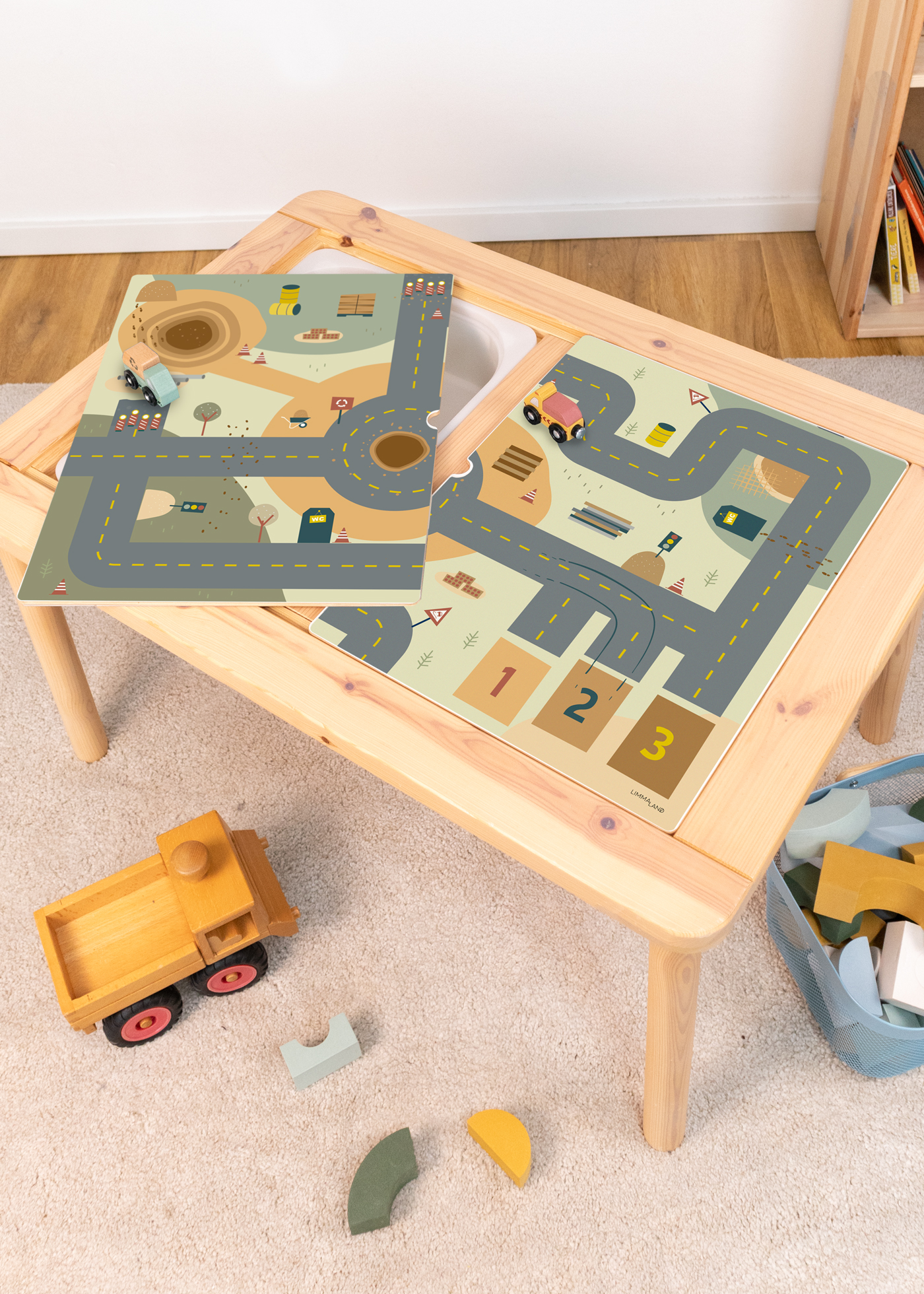 Spielstraße Klebefolie für Kinderzimmer IKEA Spieltisch mit Baustellenmotiv verschönern
