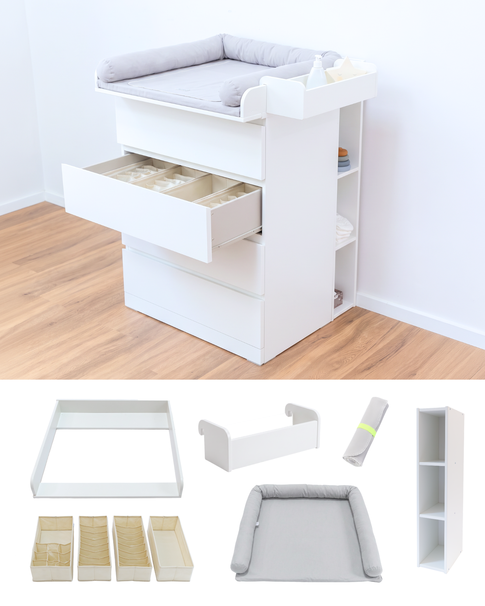 Kinderkommode, Weiß, Aufbewahrung,  Wickelwanne,  Organizer, Baby changing station, White shelving unit, Drawer organizer, Soft changing pad, Storage shelves