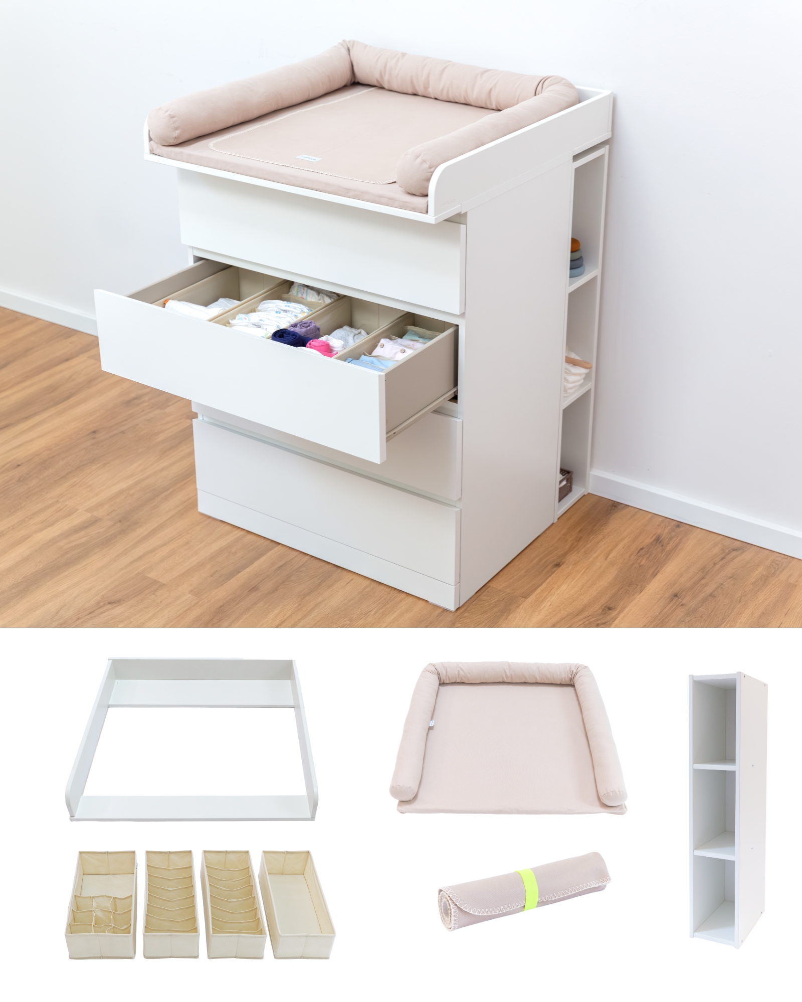 Kleiderkommode, Weiß, Aufbewahrung, Weißer Stauraum, Wickeltischauflage, Kommode, Schubladen, Weiß, Holzoptik, Aufbewahrung, Kommode, Kinderkommode, Aufbewahrung, Wickelauflage, Weiß