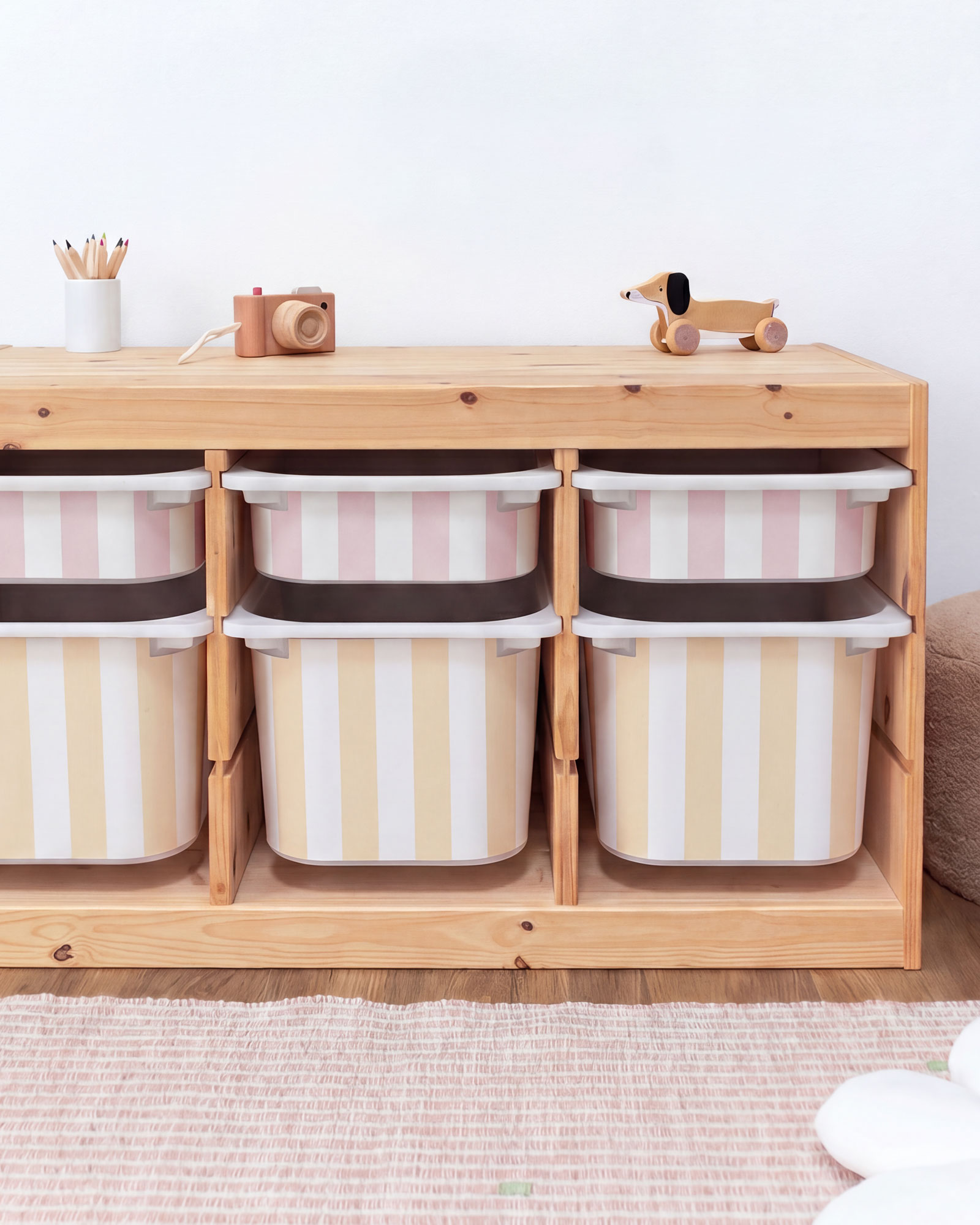 Aufbewahrungsboxen, Stoffbehälter, Holzmöbel, Küche/ Kinderzimmer, gestreift