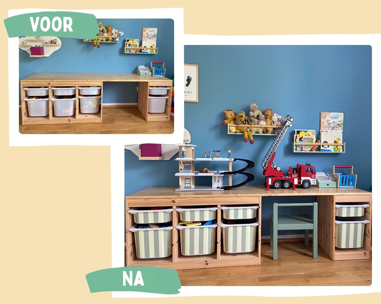 Kleiderschrank?, Kinderregal, Aufbewahrungskiste, Holztisch, Spielzeugauto