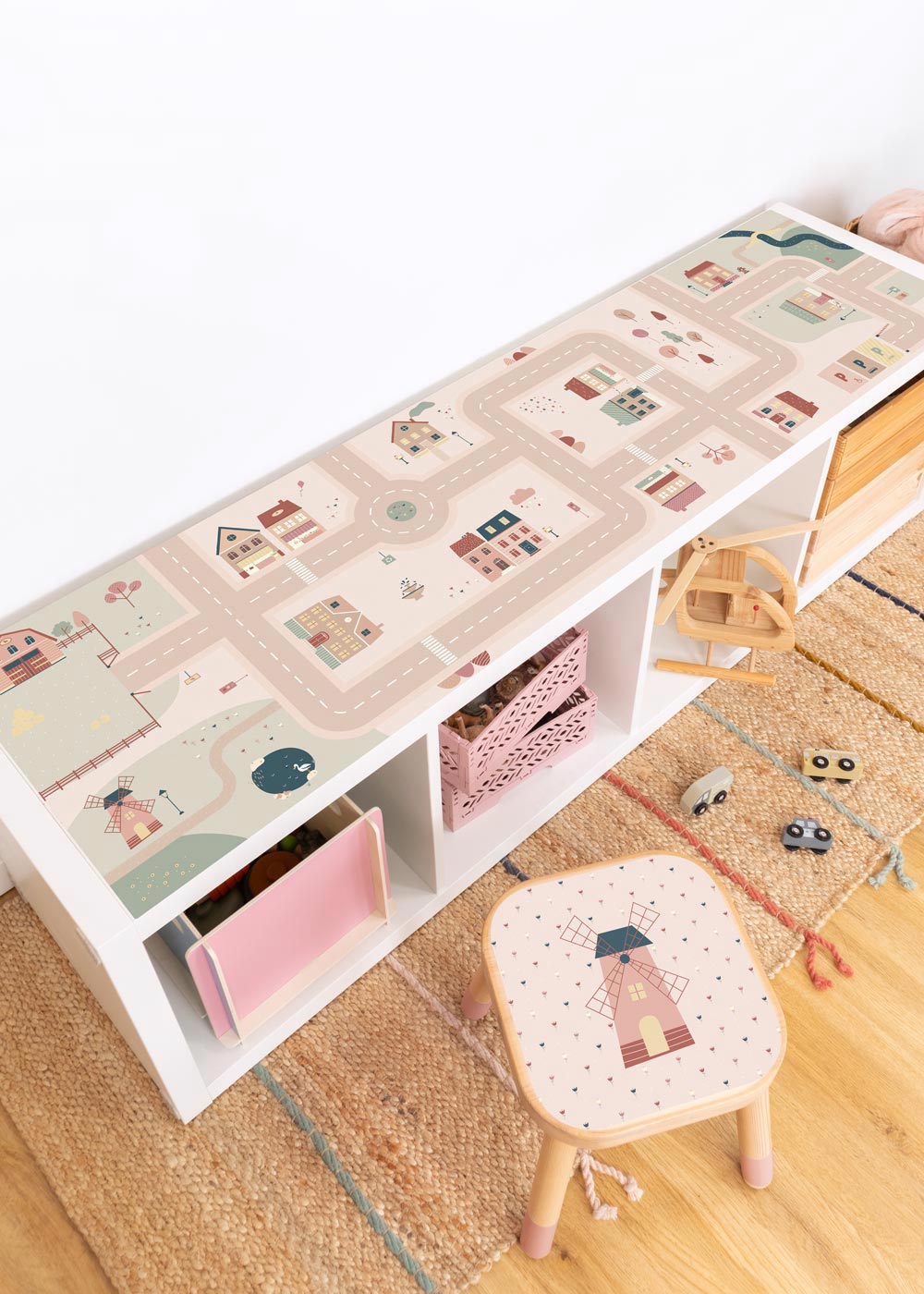 Plakfolie voor IKEA KALLAX plank 4er Spielstraße roze dorp Ikea Kallax Regal mit Klebefolie Spielstraße